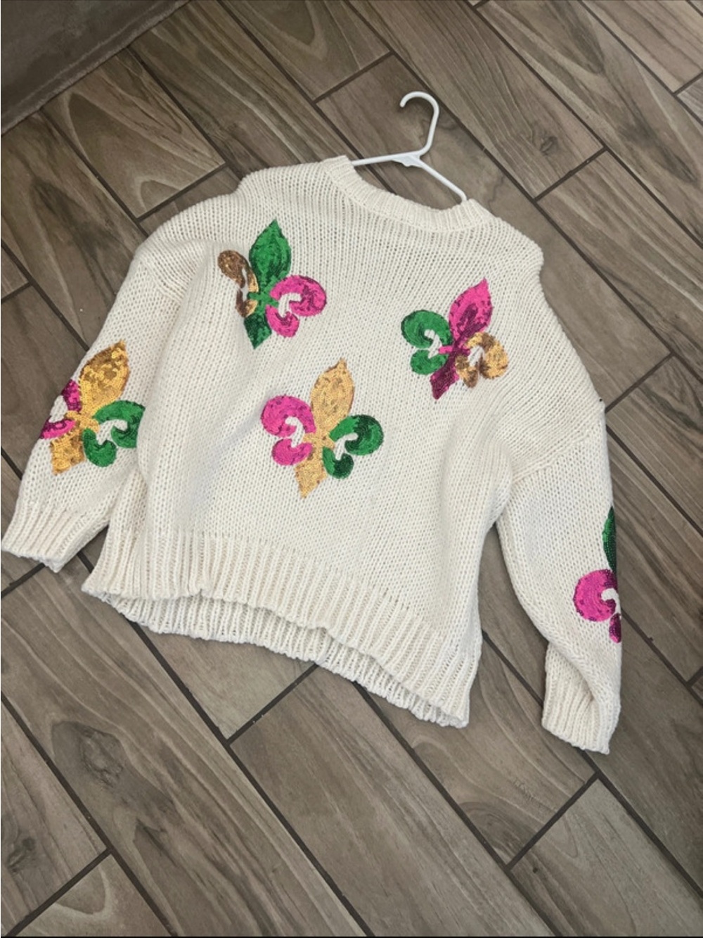 BiBi Cream Knit Sweater with Pink, Green & Gold Sequin Fleur Motifs